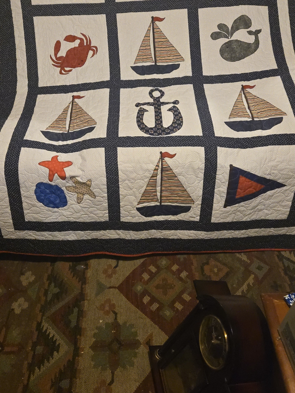 Handmade Coastal Patchwork Quilt Throw - White & Navy with Orange Accents